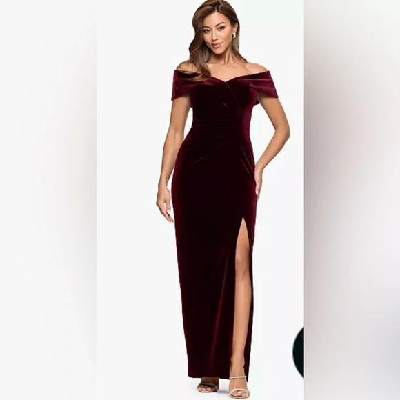 Xscape Velvet Burgundy Off the shoulder Evening maxi Dress Gown with side slit - Picture 2 of 13